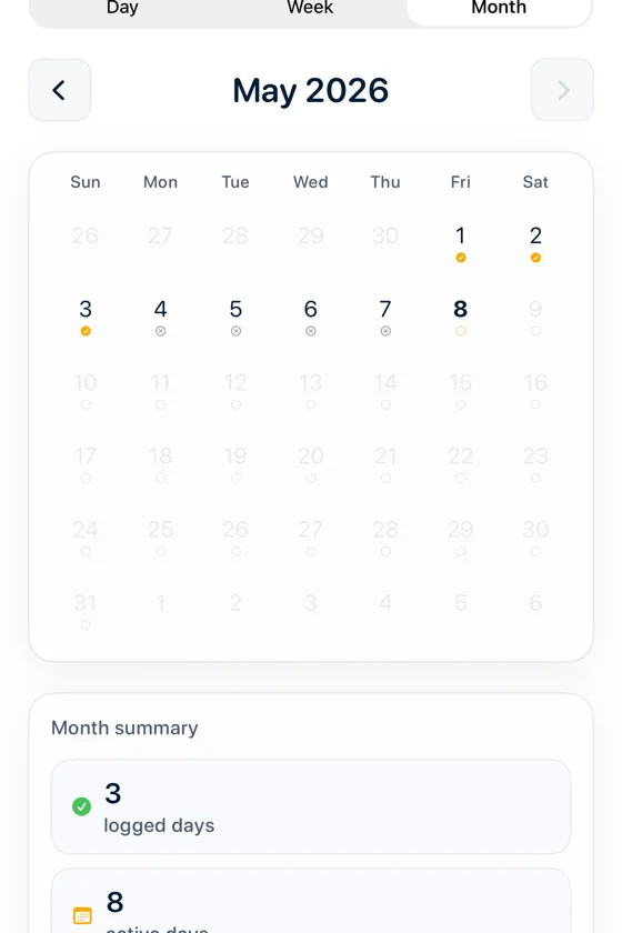 Sunclub History screen showing monthly stats and calendar status.
